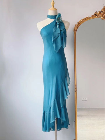 Retro Blue Sheath High Neck Floral Ruffle Chiffon Long Party Dress Evening Dress HZ1023